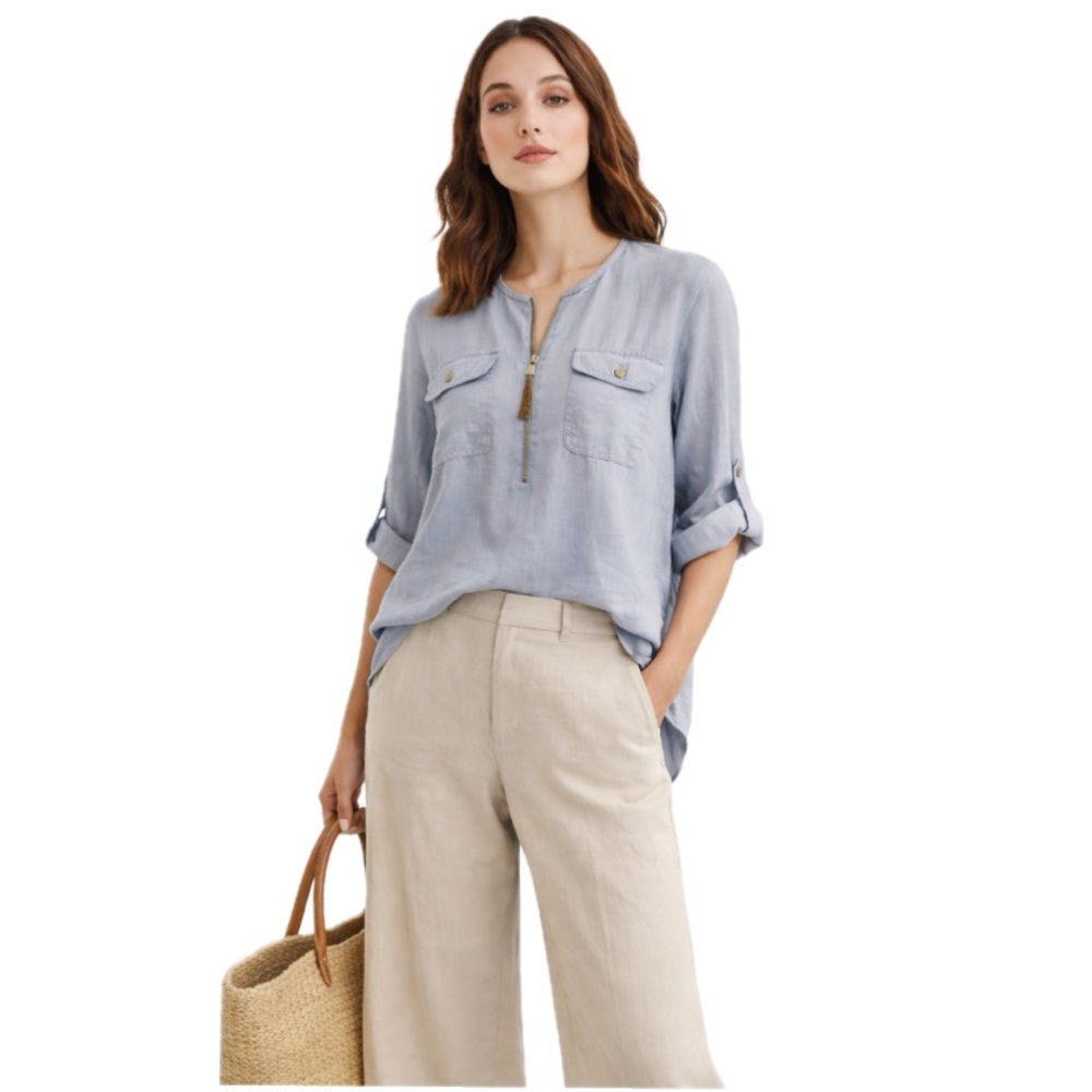 Ellen Tracy, 100% Linen Blue Blouse Relaxed Tunic Zip Front, Size M EUC